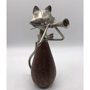 Pier 1 Carved Wood & Metal Cat Figurine Playing Trumpet Horn 10"